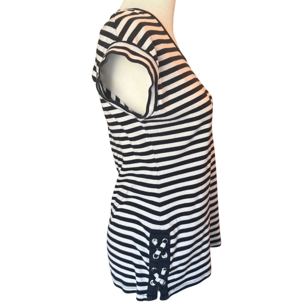 Rafaella Womens Black White Striped Lace Up Short Sleeve Top Size M 100% Cotton